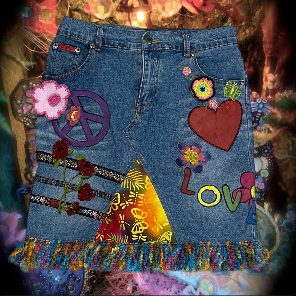colorful hippie denim skirt